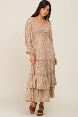 Beige Floral Cutout Smocked Tiered Maxi Dress