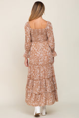 Beige Floral Cutout Smocked Tiered Maternity Maxi Dress