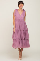 Mauve Sleeveless Tiered Tie Strap Tulle Midi Dress