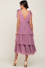 Mauve Sleeveless Tiered Tie Strap Tulle Midi Dress