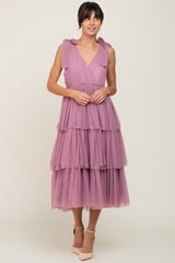 Mauve Sleeveless Tiered Tie Strap Tulle Midi Dress