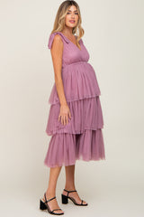 Mauve Sleeveless Tiered Tie Strap Tulle Maternity Midi Dress