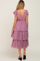 Mauve Sleeveless Tiered Tie Strap Tulle Maternity Midi Dress