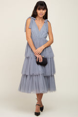 Light Blue Sleeveless Tiered Tie Strap Tulle Midi Dress