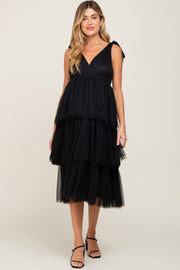 Black Sleeveless Tiered Tie Strap Tulle Maternity Midi Dress