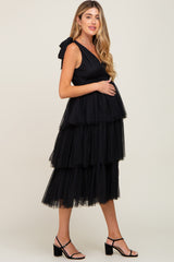 Black Sleeveless Tiered Tie Strap Tulle Maternity Midi Dress