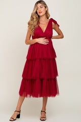 Burgundy Sleeveless Tiered Tie Strap Tulle Maternity Midi Dress