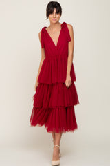 Burgundy Sleeveless Tiered Tie Strap Tulle Midi Dress