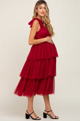 Burgundy Sleeveless Tiered Tie Strap Tulle Maternity Midi Dress