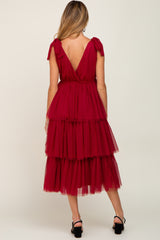 Burgundy Sleeveless Tiered Tie Strap Tulle Maternity Midi Dress