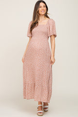 Taupe Floral Smocked Maternity Midi Dress