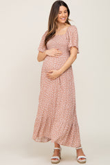 Taupe Floral Smocked Maternity Midi Dress