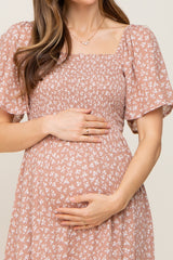 Taupe Floral Smocked Maternity Midi Dress