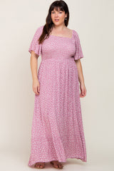 Lavender Floral Smocked Flounce Sleeve Plus Maxi Dress