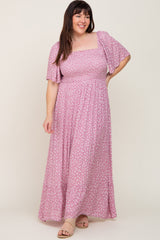 Lavender Floral Smocked Flounce Sleeve Plus Maxi Dress