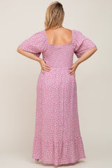 Lavender Floral Smocked Flounce Sleeve Maternity Plus Maxi Dress