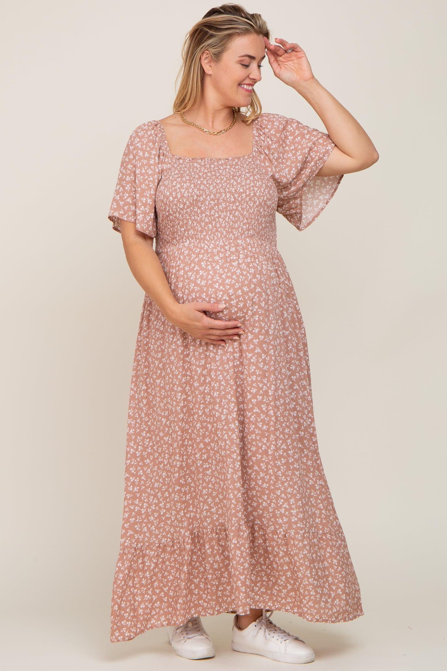 Taupe & White Spot Chiffon Maternity to Nursing Dress