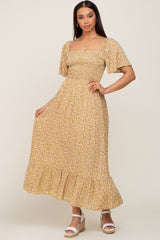 Yellow Floral Smocked Flounce Sleeve Maxi Dress