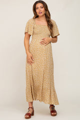 Yellow Floral Smocked Flounce Sleeve Maternity Maxi Dress