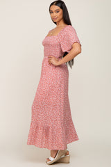 Mauve Floral Smocked Flounce Sleeve Maxi Dress