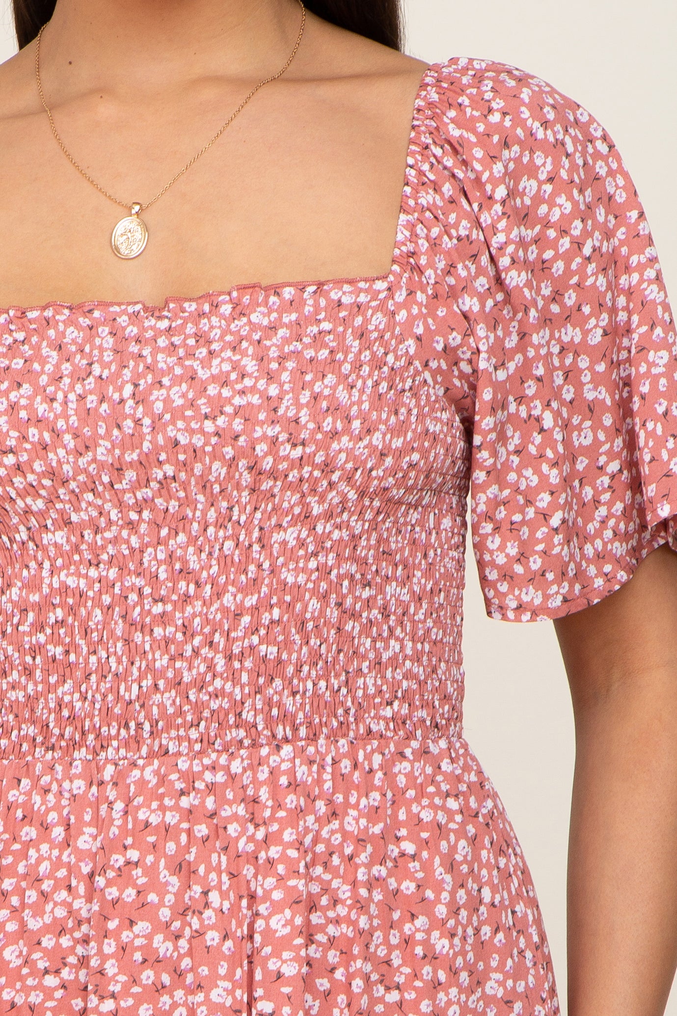 Mauve Floral Smocked Flounce Sleeve Maxi Dress– PinkBlush