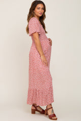 Mauve Floral Smocked Flounce Sleeve Maternity Maxi Dress