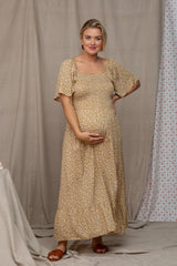 Yellow Floral Smocked Flounce Sleeve Maternity Plus Maxi Dress