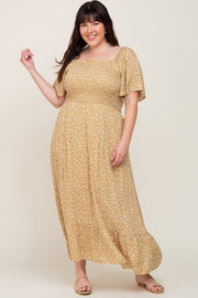 Yellow Floral Smocked Flounce Sleeve Plus Maxi Dress