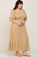 Yellow Floral Smocked Flounce Sleeve Plus Maxi Dress