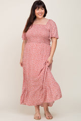 Mauve Floral Smocked Flounce Sleeve Plus Maxi Dress