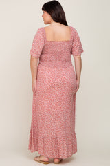 Mauve Floral Smocked Flounce Sleeve Plus Maxi Dress