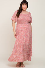 Mauve Floral Smocked Flounce Sleeve Plus Maxi Dress