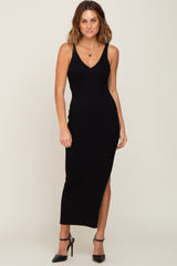 Black Ribbed Sleeveless Maternity Maxi Dress