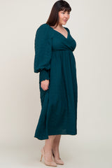 Forest Green Wrap Smocked Accent Long Sleeve Plus Dress