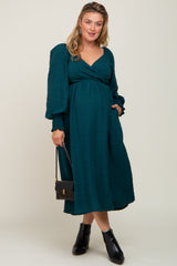 Forest Green Wrap Smocked Accent Long Sleeve Maternity Plus Dress