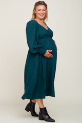 Forest Green Wrap Smocked Accent Long Sleeve Maternity Plus Dress