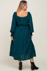 Forest Green Wrap Smocked Accent Long Sleeve Maternity Plus Dress