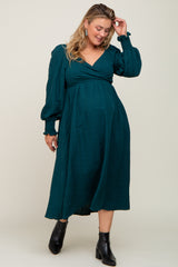 Forest Green Wrap Smocked Accent Long Sleeve Maternity Plus Dress