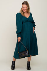 Forest Green Wrap Smocked Accent Long Sleeve Maternity Plus Dress