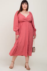 Mauve Wrap Smocked Accent Long Sleeve Maternity Plus Dress