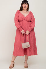 Mauve Wrap Smocked Accent Long Sleeve Plus Dress