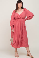 Mauve Wrap Smocked Accent Long Sleeve Plus Dress