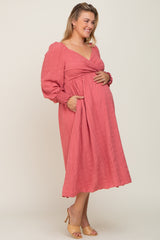 Mauve Wrap Smocked Accent Long Sleeve Maternity Plus Dress