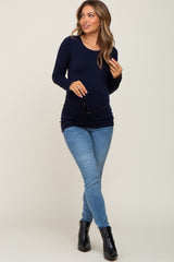 Navy Ruched Side Long Sleeve Maternity Top