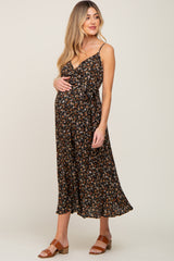 Black Floral Maternity Midi Wrap Dress