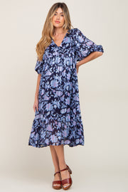 Navy Floral V-Neck Shimmer Maternity Midi Dress