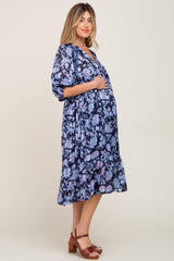 Navy Floral V-Neck Shimmer Maternity Midi Dress