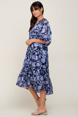 Navy Floral V-Neck Shimmer Midi Dress