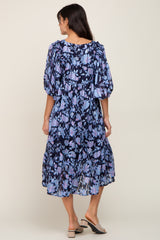 Navy Floral V-Neck Shimmer Midi Dress