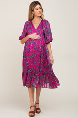 Magenta Floral V-Neck Shimmer Maternity Midi Dress